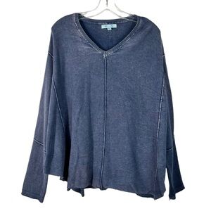 She & Sky Navy Blue Acid Washed Oversized Long Sleeve V-Neck Top One Size OSFM
